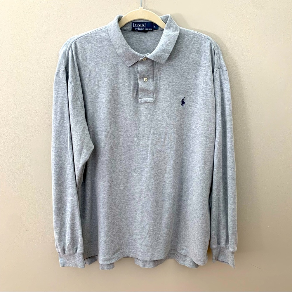 Long Sleeve Mens Gray Polo Shirt with Navy Polo
